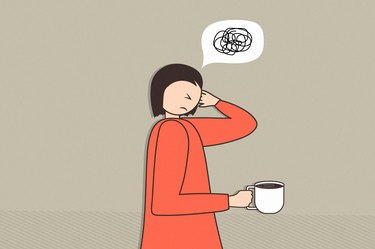 illustration of a person with a hangover headache drinking a cup of coffee
