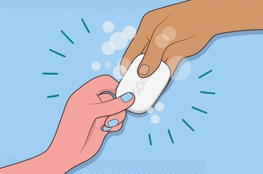 illustration of two different hands holding a bar of soap, to represent sharing a bar of soap